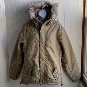 Oakley Tamarack Tan Ski Jacket Snowboard Hooded Fur Trim Zip Snap Pockets - Med